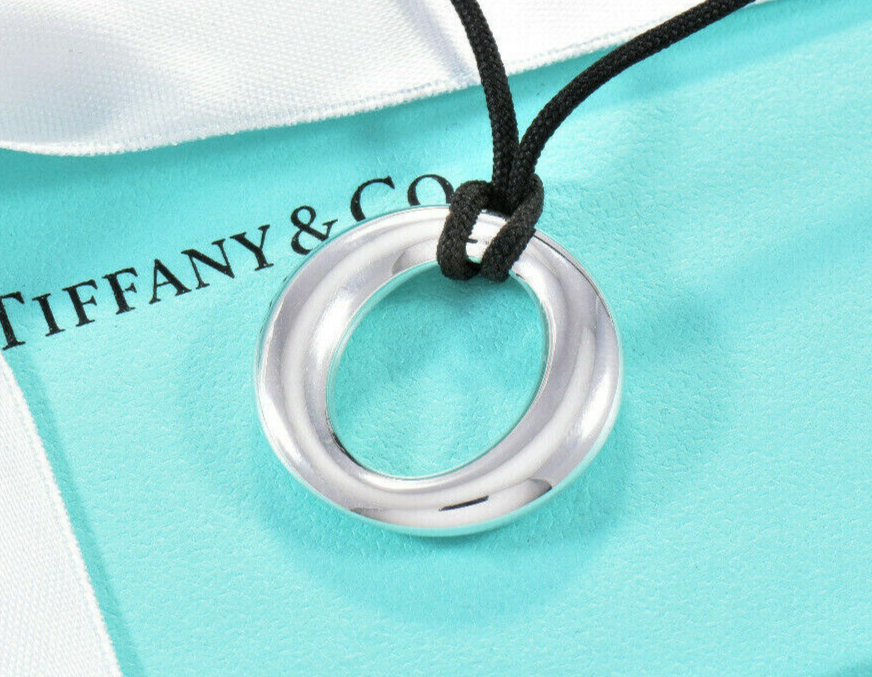 Tiffany & Co Silver Elsa Peretti Sevillana O Pendant Black Silk Necklace in Box