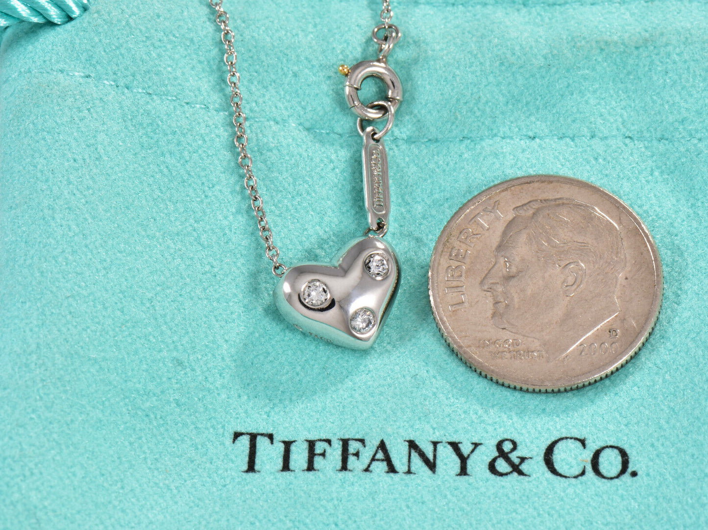 Tiffany & Co Diamond Platinum Etoile Heart Pendant 19" Necklace & Box Pouch Rare