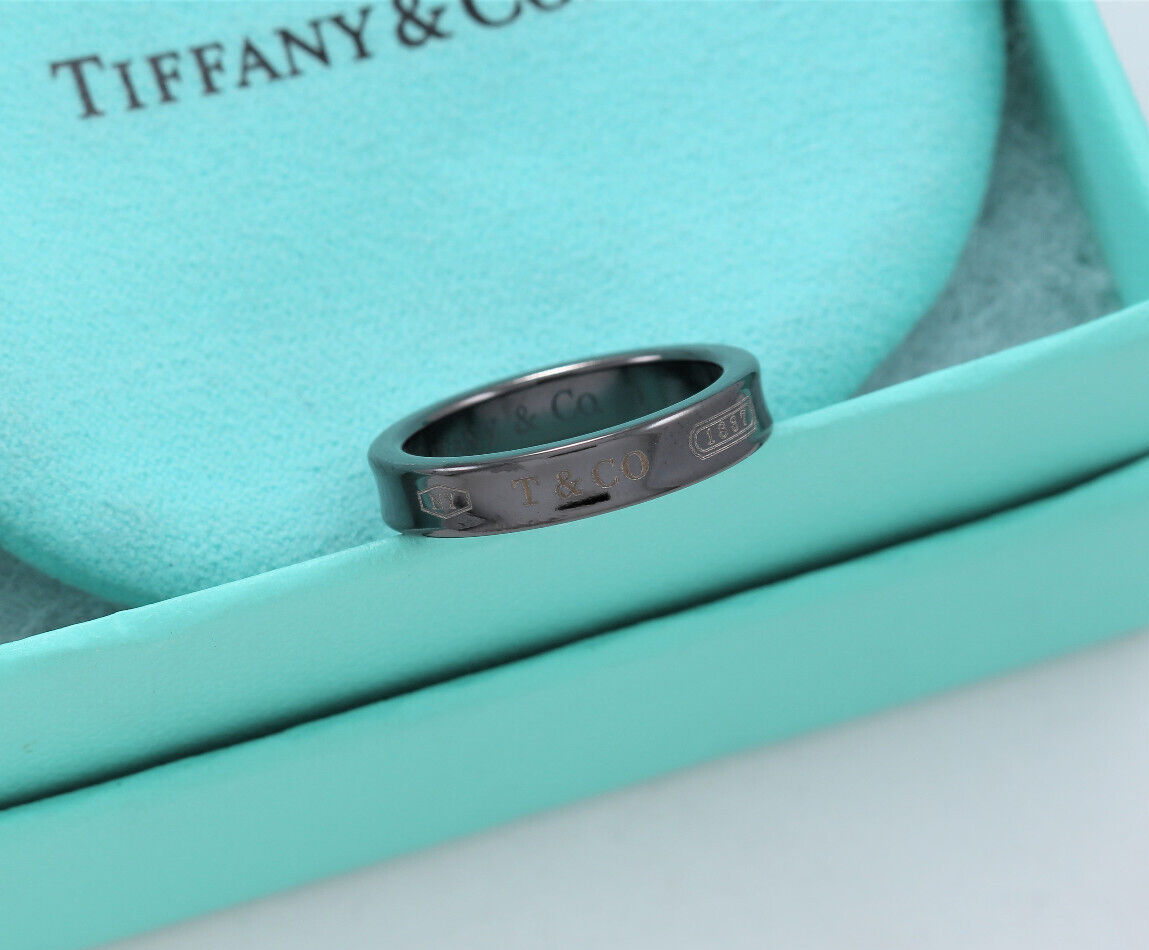 Tiffany & Co Silver Titanium 1837 Narrow Band Ring Size 7 in Pouch Rare Mens