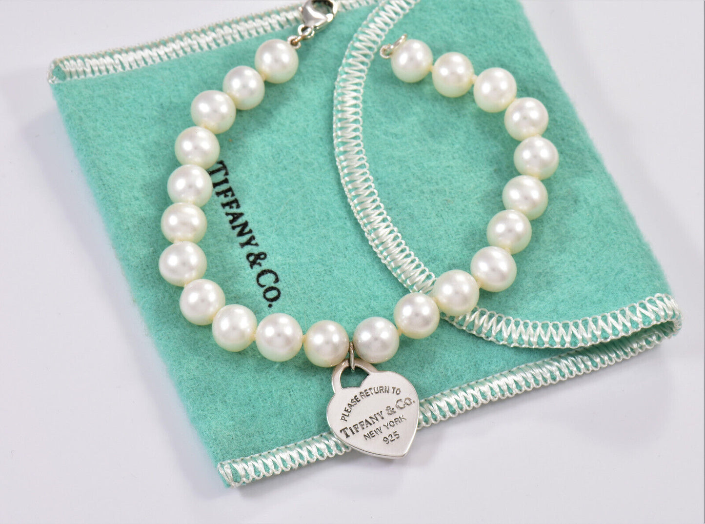 Please Return Tiffany & Co Silver Heart Charm 8mm Pearl Bead Bracelet 7.7" Boxed