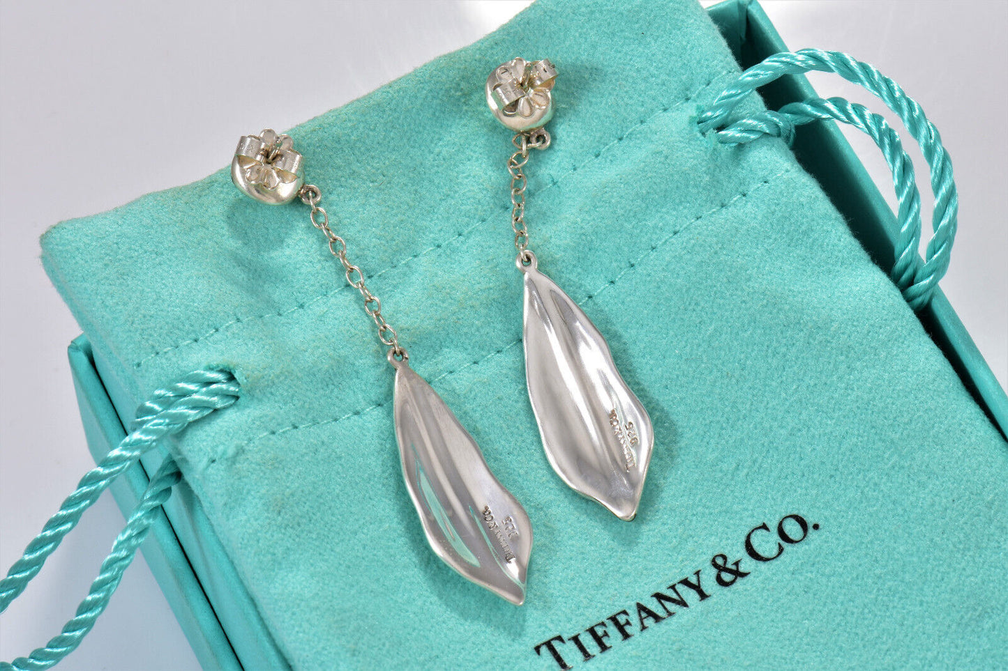 Vintage Tiffany & Co Silver Nature Leaf Dangle Drop Earrings Pouch Rare Dangling