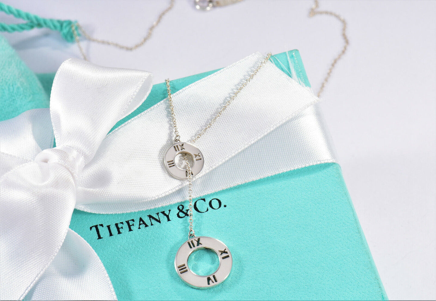 Tiffany & Co Silver Atlas Lariat Pendant Adjustable Necklace in Box Pouch Ribbon