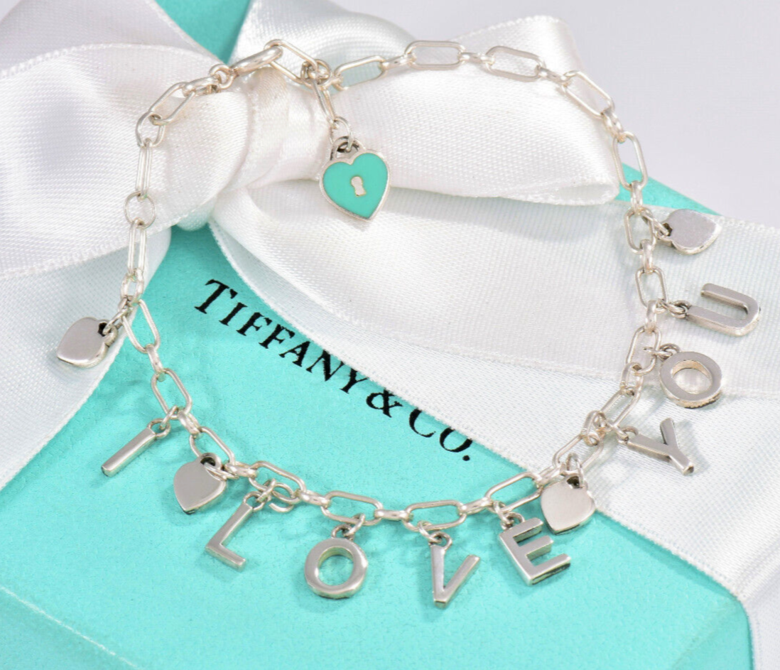 Tiffany & Co Silver Blue Enamel Heart I Love You Notes 7" Charm Bracelet in Box