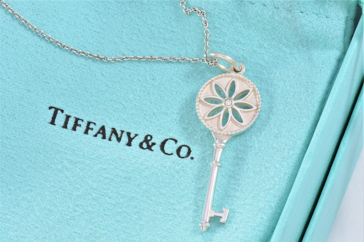 Tiffany & Co Silver Diamond Daisy Flower 1.5" Key Pendant 18" Necklace in Box