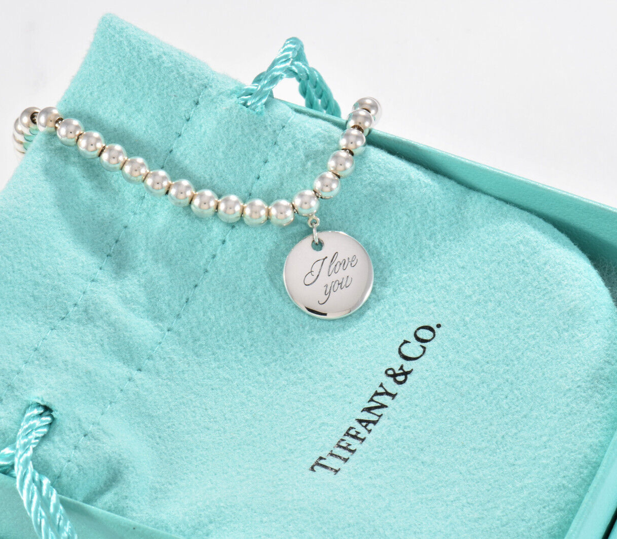 7" Tiffany & Co Silver I Love You Round Tag Bead Chain Bracelet in Pouch Rare