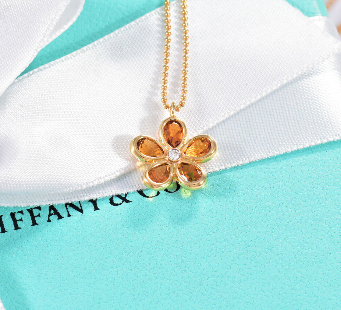 Tiffany & Co Diamond 18K Gold Citrine Garden Flower Bead Necklace in Box Pouch