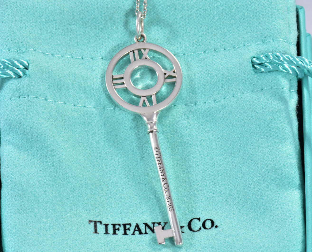 Tiffany & Co Silver 2.25" Atlas Charm Key Pendant 30.25" Necklace in Pouch XL