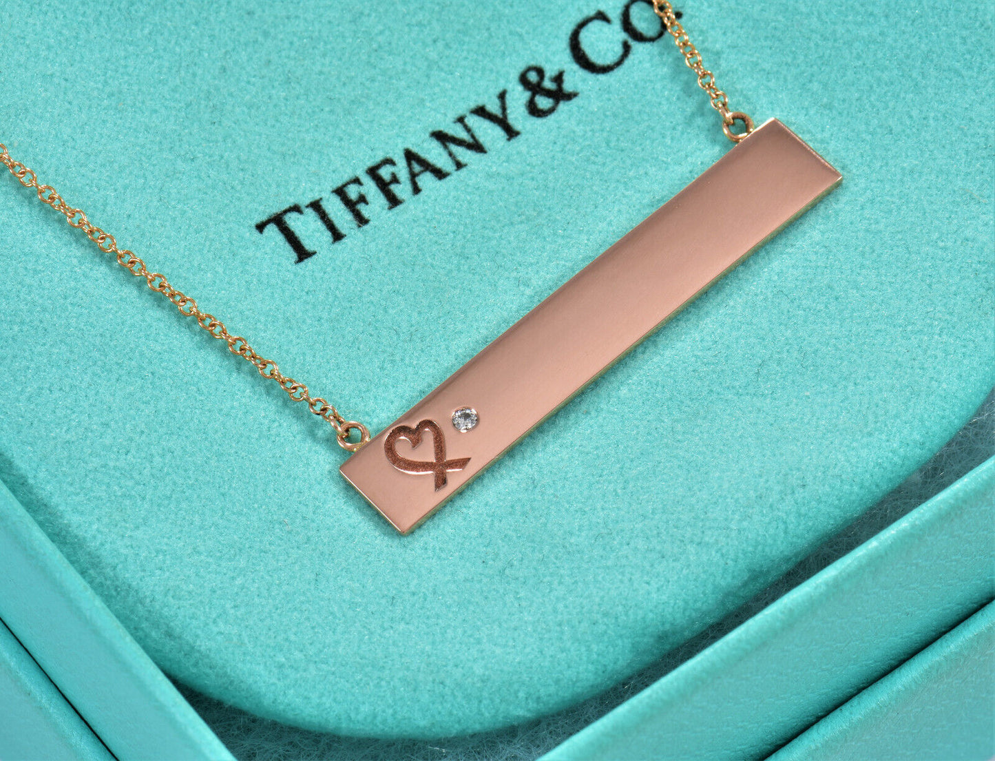 Tiffany & Co Diamond 18K Rose Gold Loving Heart Bar Pendant 18" Chain Necklace