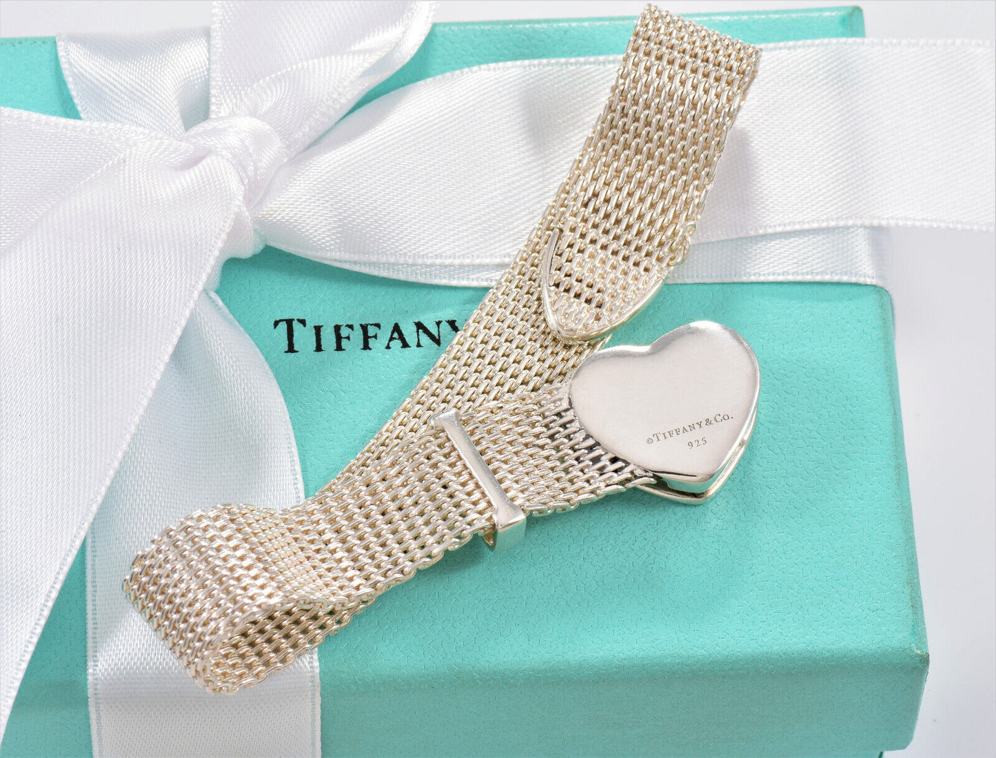 Tiffany & Co Silver Somerset Heart Mesh Belt Buckle 9" Bracelet in Pouch Rare