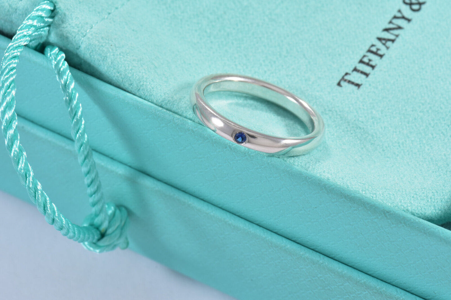 Tiffany & Co Silver Elsa Peretti Blue Sapphire Stack Ring Size 6.5 in Pouch Rare