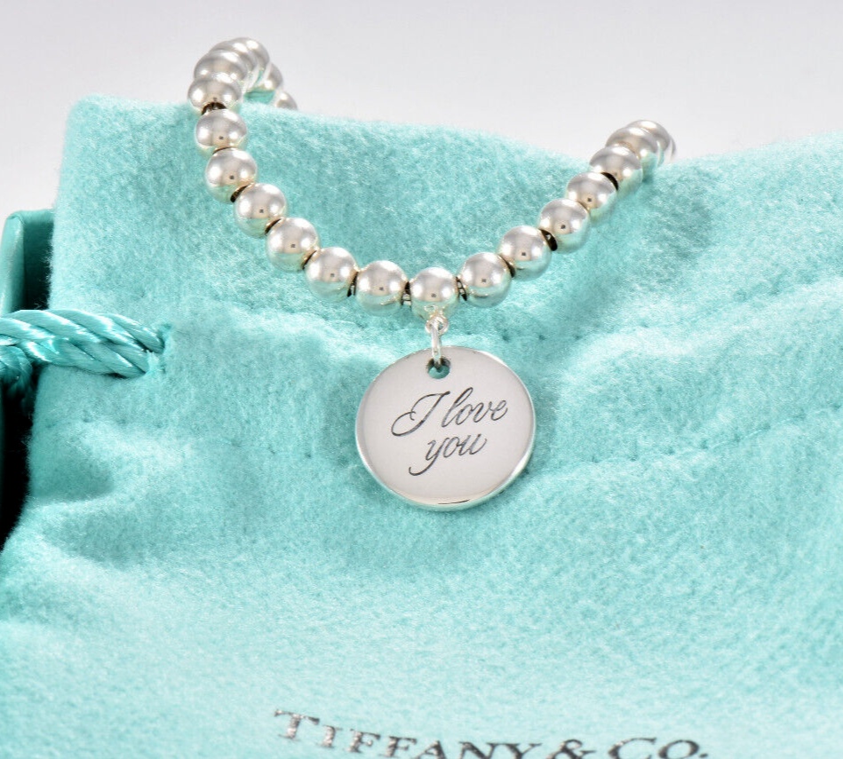 7" Tiffany & Co Silver I Love You Round Tag Bead Chain Bracelet in Pouch Rare