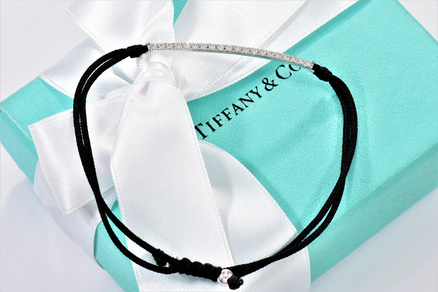 Tiffany & Co Diamond 18k White Gold Metro Bar Silk Cord 6” - 7.7” Bracelet Rare