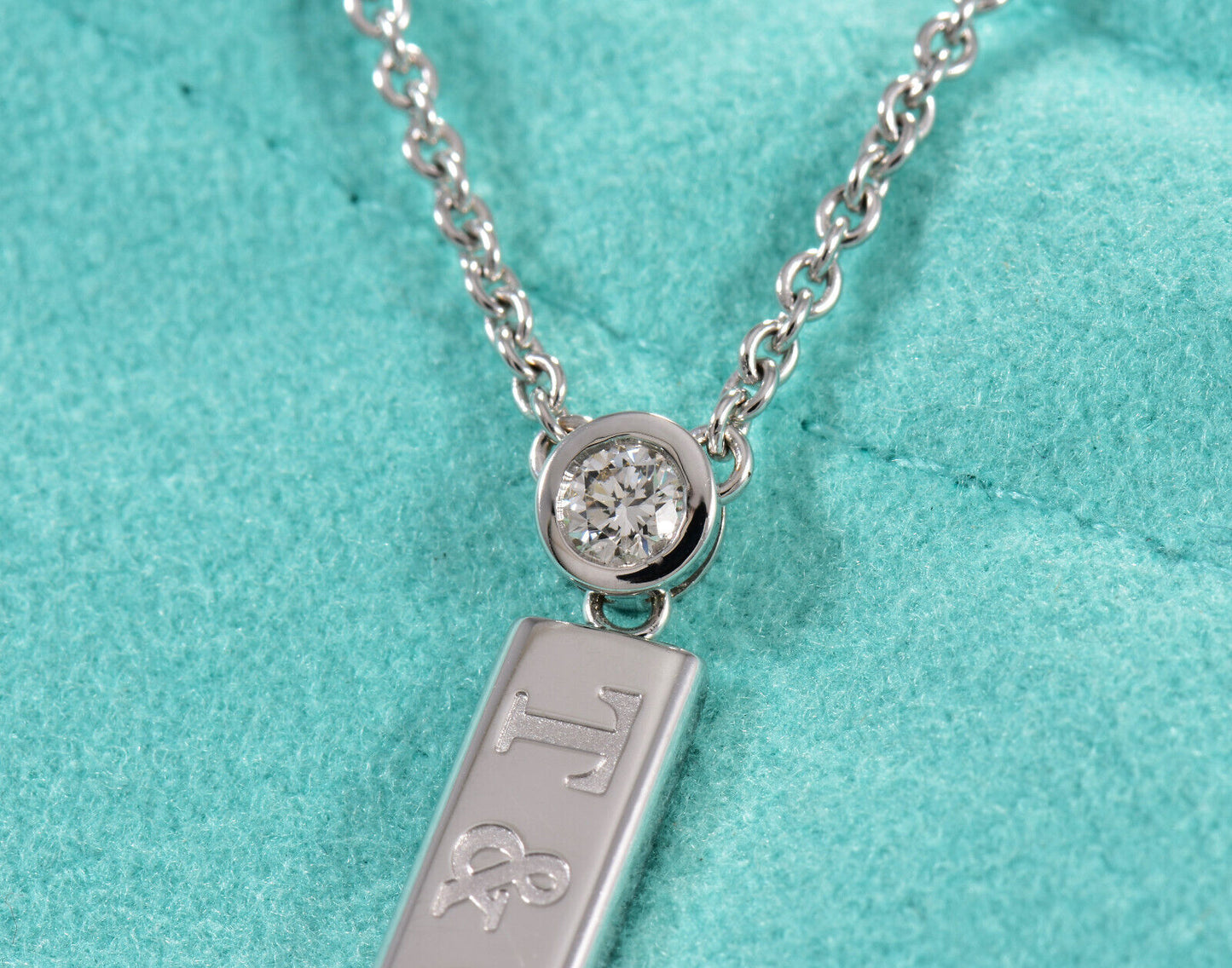 Tiffany & Co Diamond 18K White Gold Logo Bar Pendant 16.25" Necklace & Box Pouch