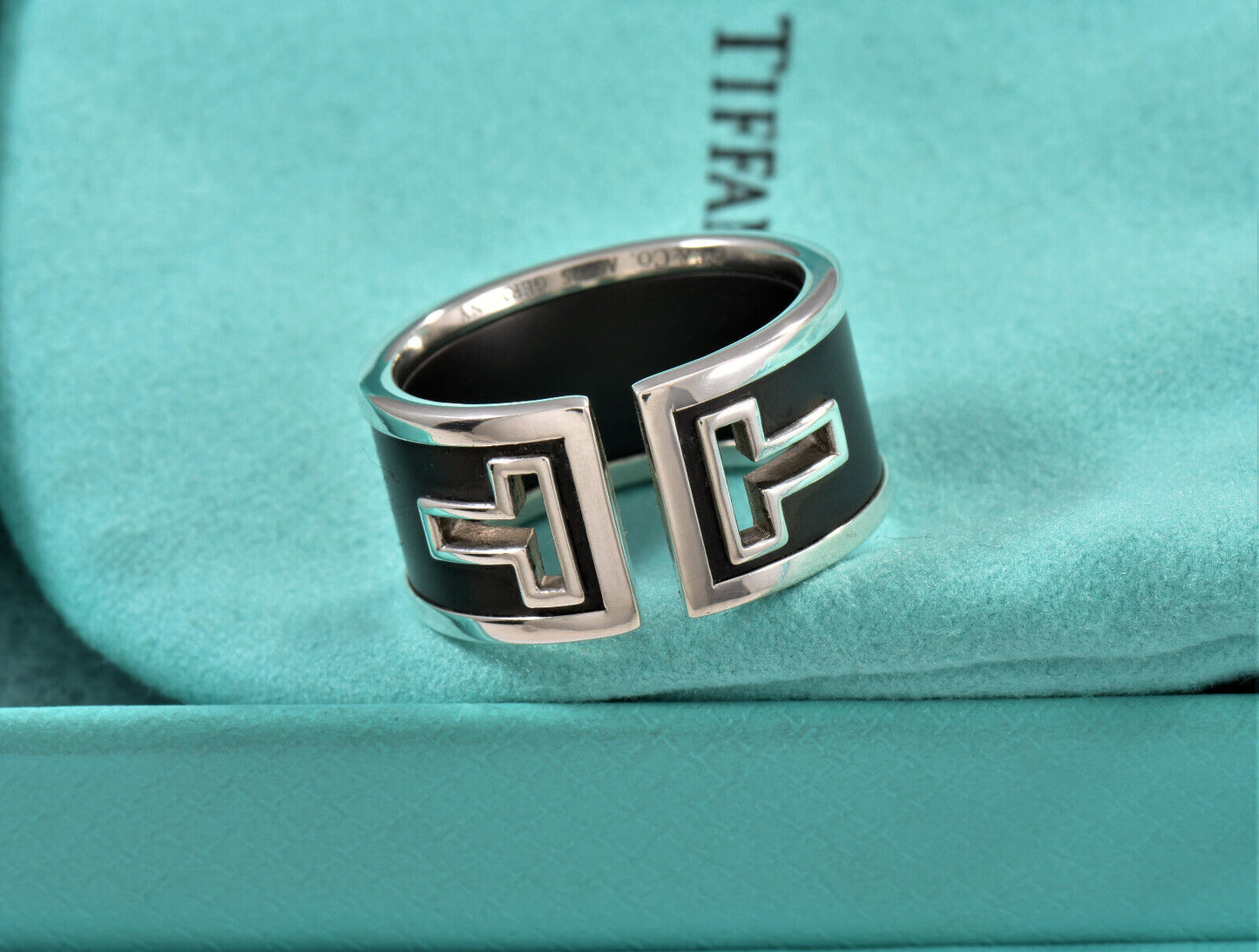 Tiffany & Co Silver Black Ceramic T Cut Out Square Wide Ring Size 6.5 in Pouch