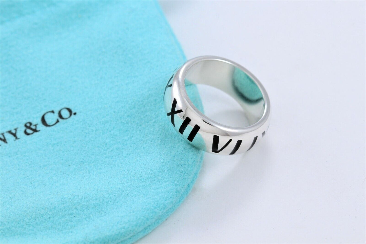 Tiffany & Co Silver Wide Atlas Black Enamel Roman Numerals Ring Size 6.5 & Pouch