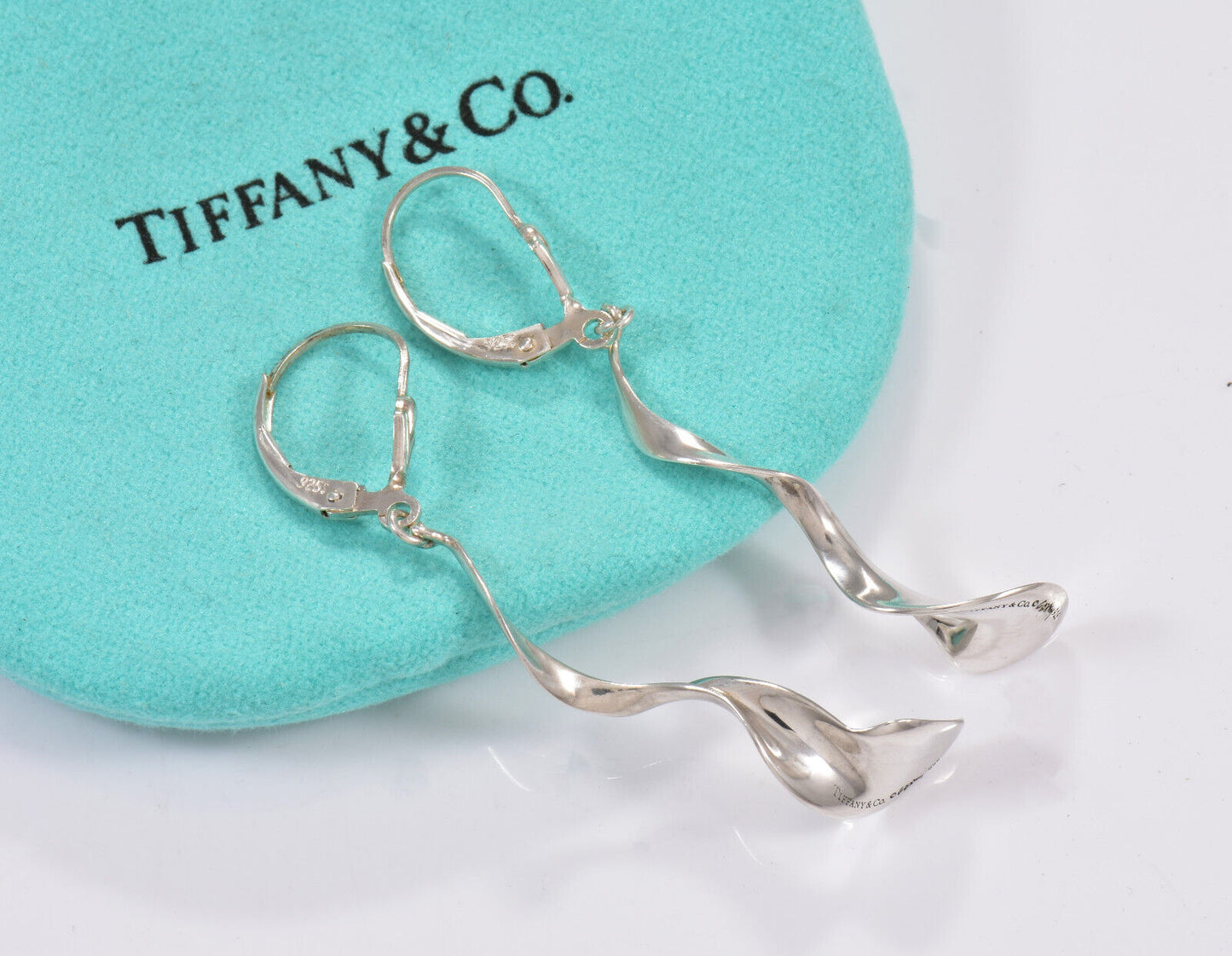 Tiffany & Co Sterling Silver Frank Gehry Orchid Hook Drop Earrings Pouch Dangle