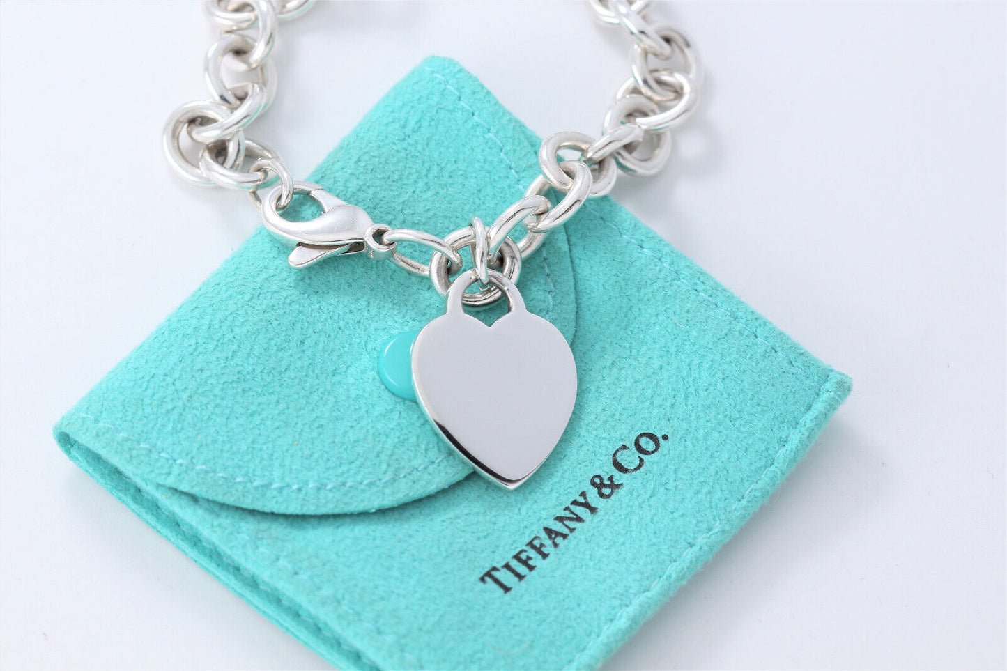 Tiffany & Co Silver Blank Engraveable Heart Tag Charm Bracelet 8" Chain Link