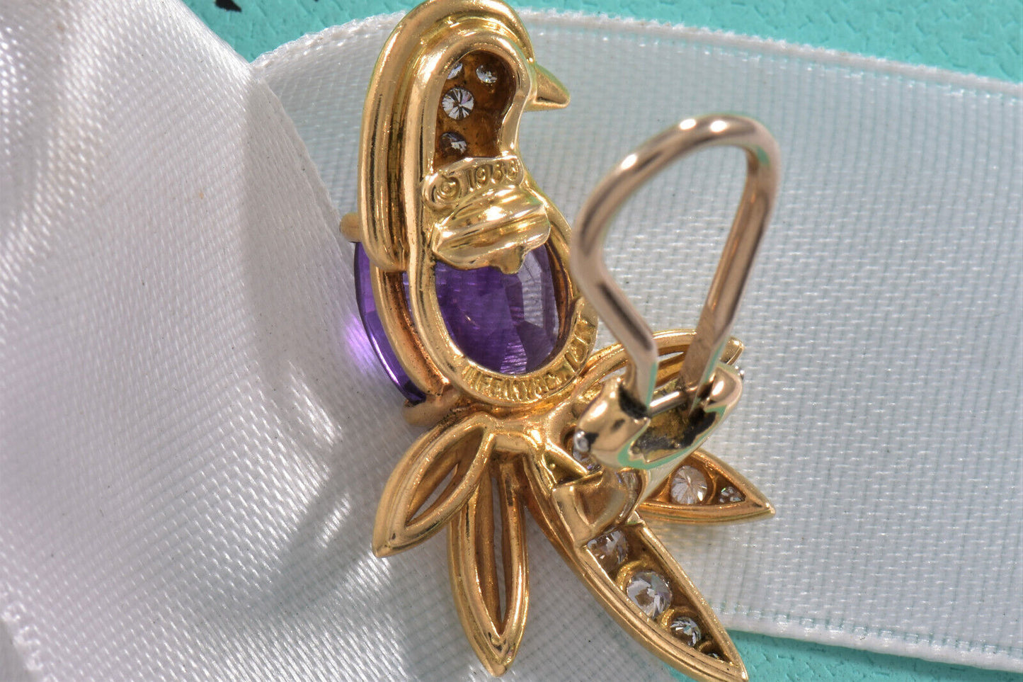 Tiffany & Co 18K Yellow Gold Birds of Paradise Diamond Amethyst Earrings Clip On