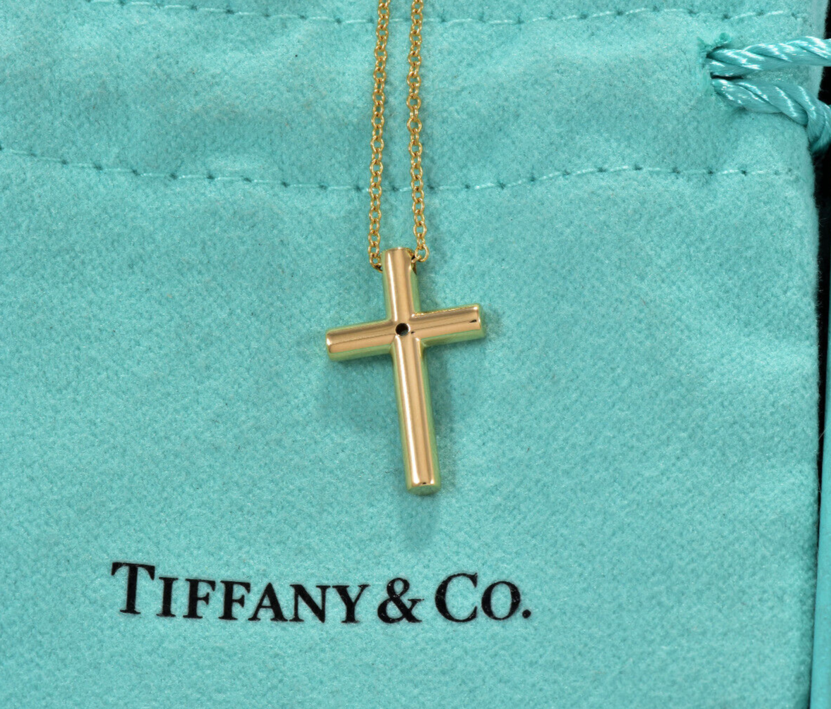 Tiffany & Co 18K Yellow Gold Diamond Cross Pendant 16" Necklace & Box Pouch Rare