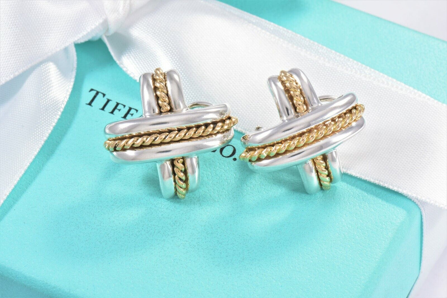 Vintage Tiffany & Co 18kt Gold Silver Signature X Clip Stud Earrings Pouch Rare