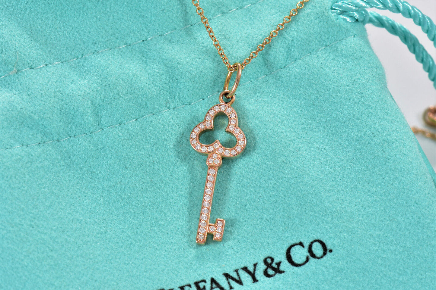 Tiffany & Co Diamond 18K Rose Gold Open Trefoil Key Pendant 16" Necklace in Box