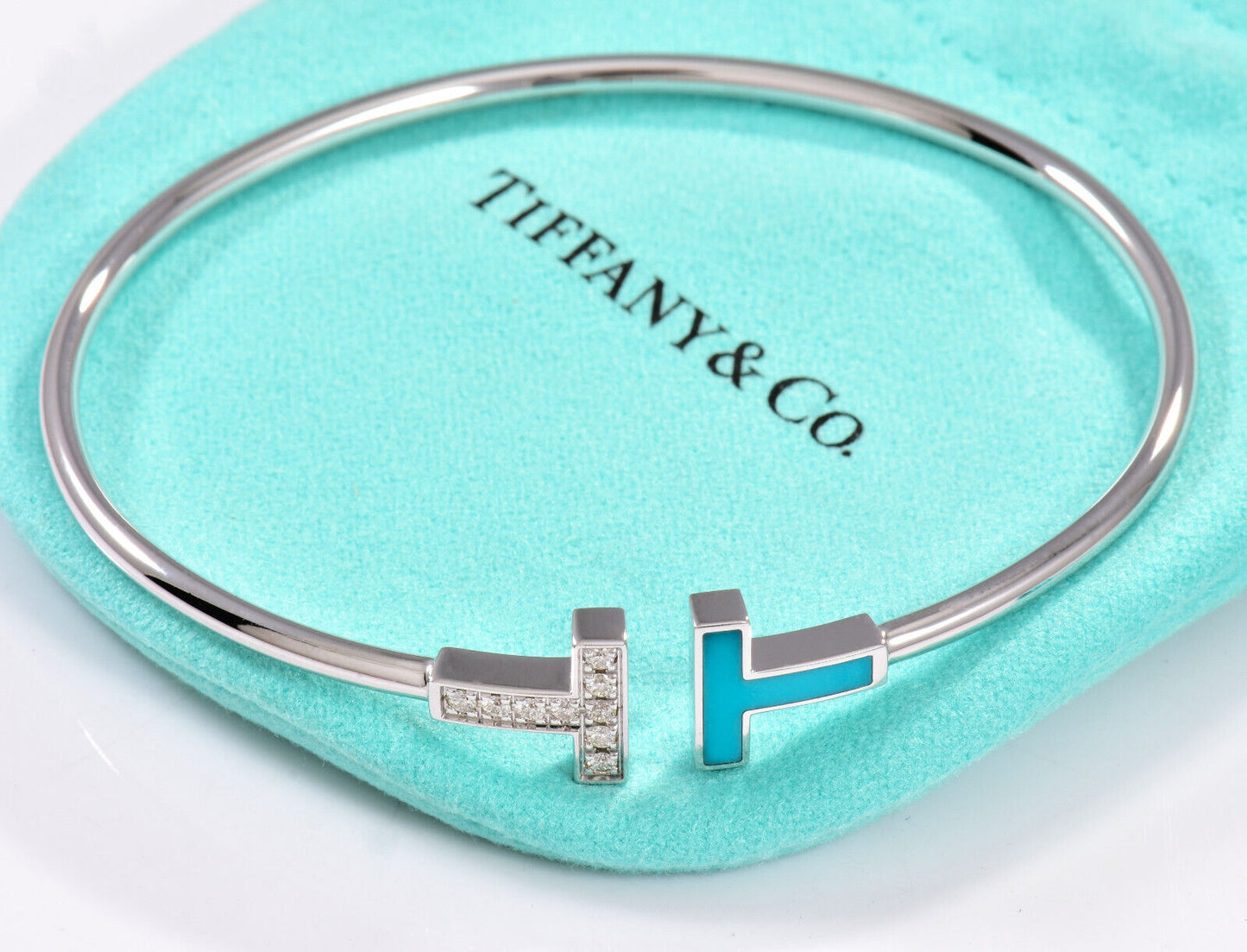 Tiffany & Co Diamond 18K White Gold Blue Turquoise T Wire Large Bracelet in Box