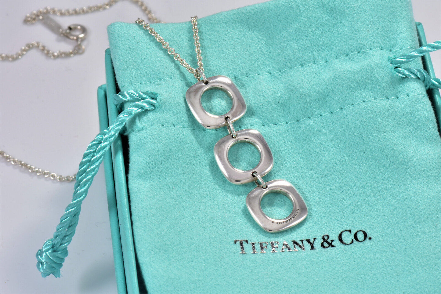 Tiffany & Co Silver Three Cushion Square Dangle Pendant Drop Necklace in Pouch