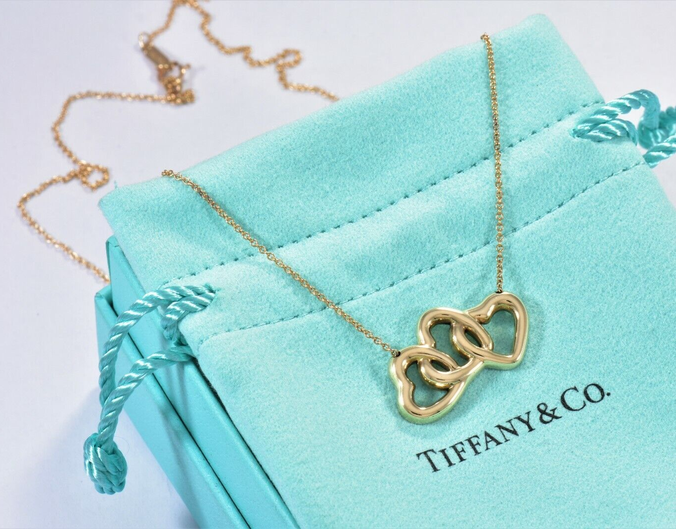 Tiffany & Co 18K Yellow Gold Three Heart Pendant 19" Love Necklace in Box Pouch