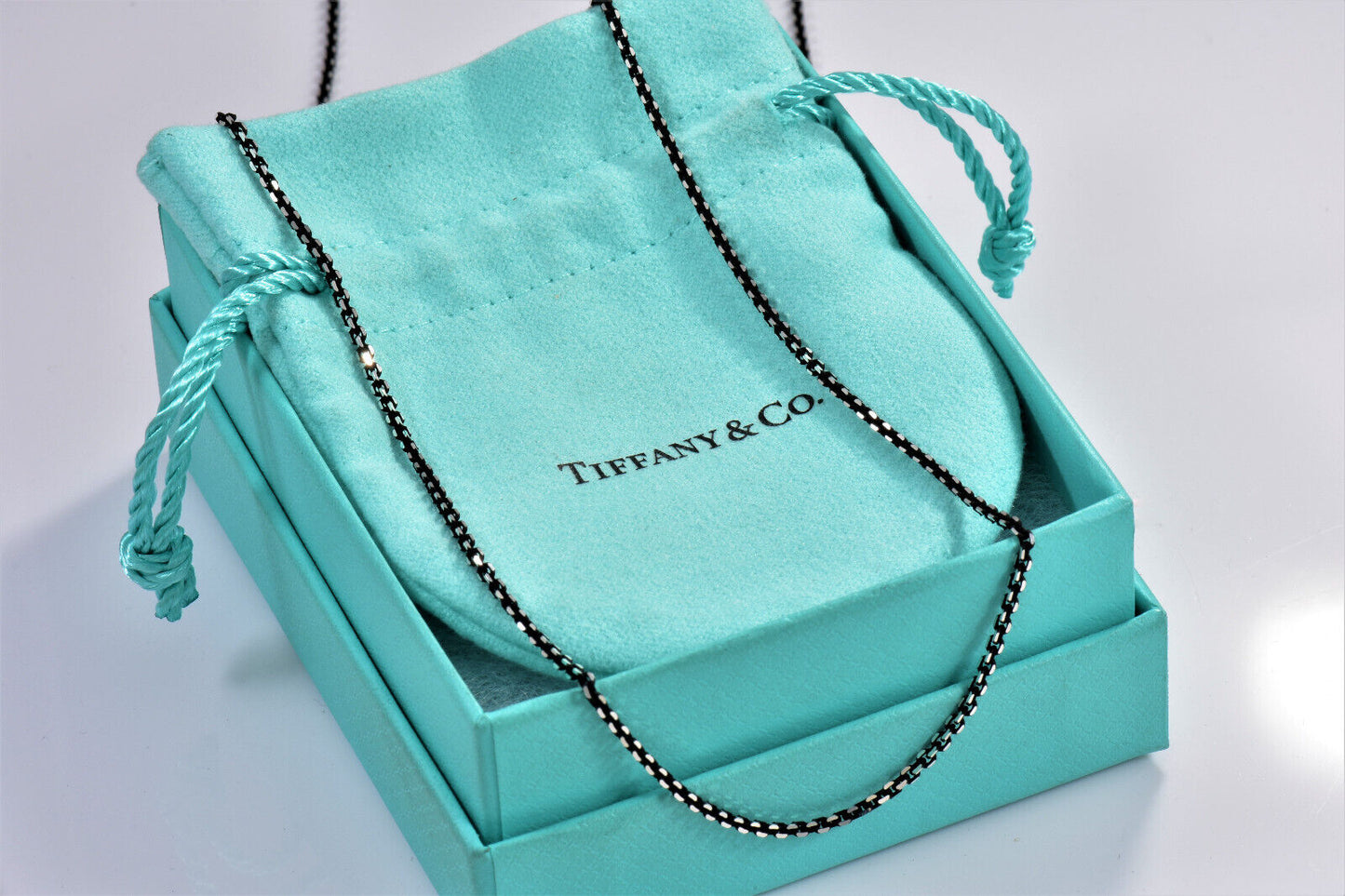 Tiffany & Co Sterling Silver Back Enamel Sparkle Chain Link Necklace & Box Pouch