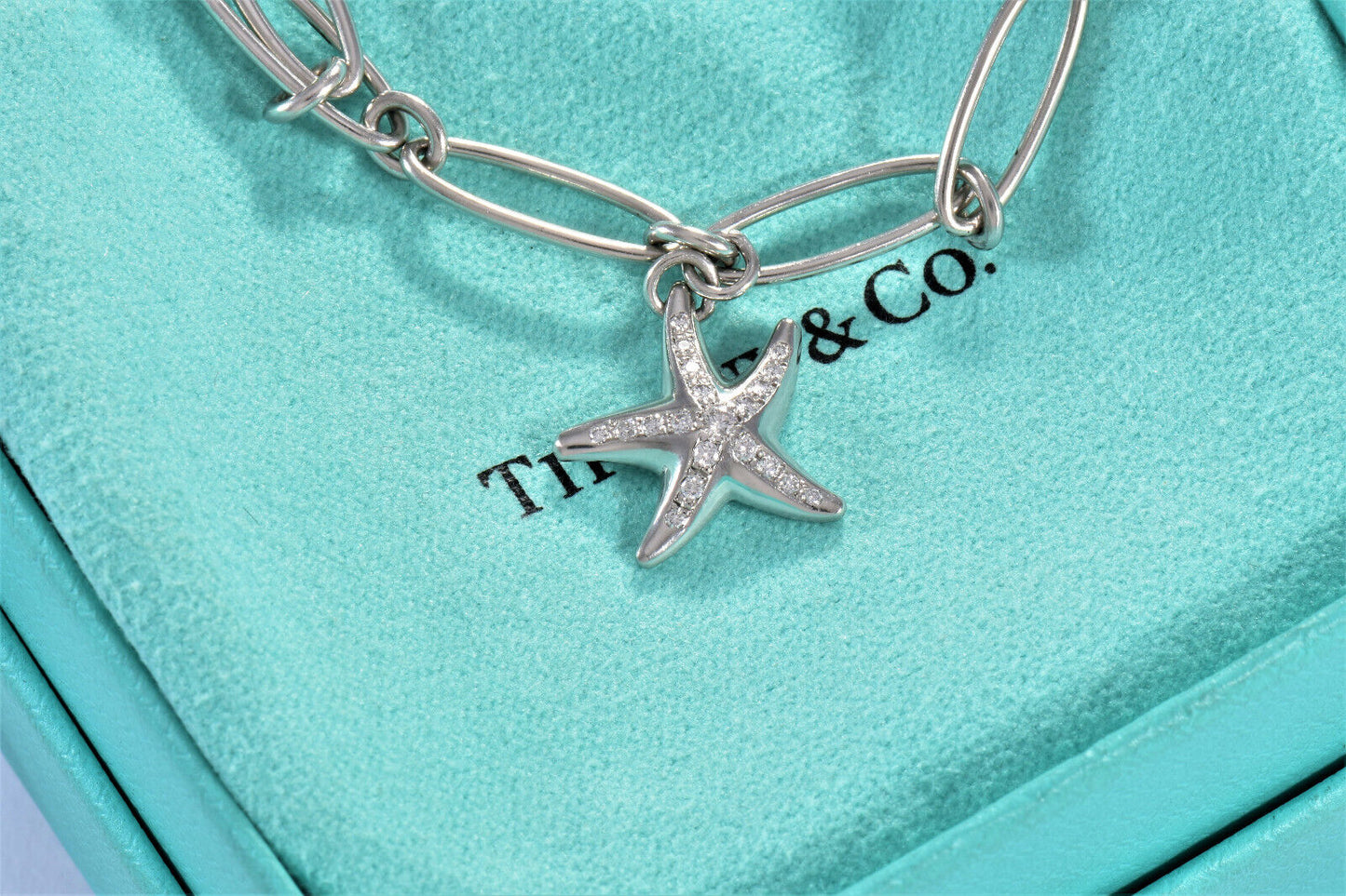 Tiffany & Co Elsa Peretti Diamond Platinum Starfish Charm 7.3" Bracelet in Box