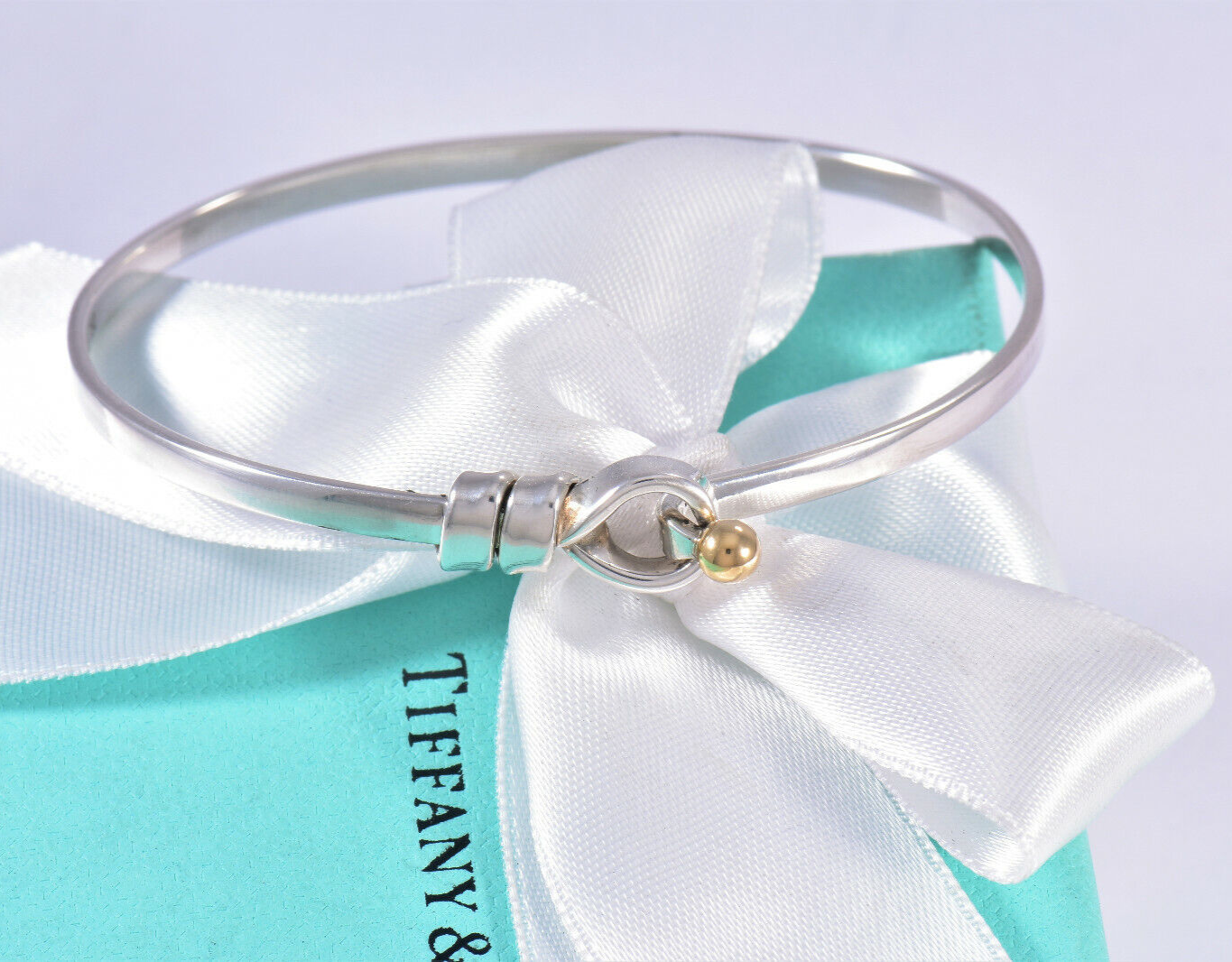 Tiffany & Co 18k Gold Silver Hook Eye Rope Bracelet in Pouch Rare Bangle Cuff