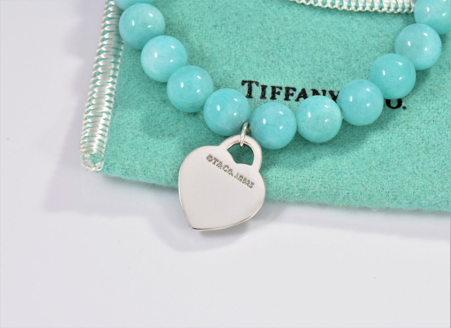 Please Return Tiffany & Co Blue Amazonite Silver Heart 8mm Bead 7.25" Bracelet