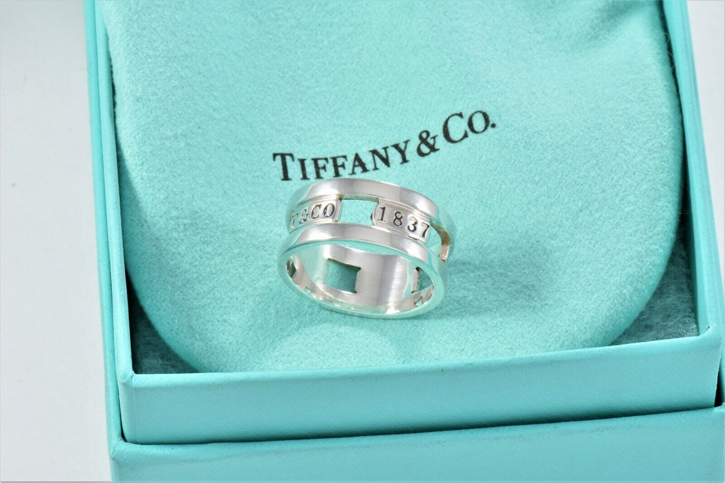 Tiffany & Co 1837 Silver Wide Emblem Ring Size 6.5 in Pouch Lovely Thick Band