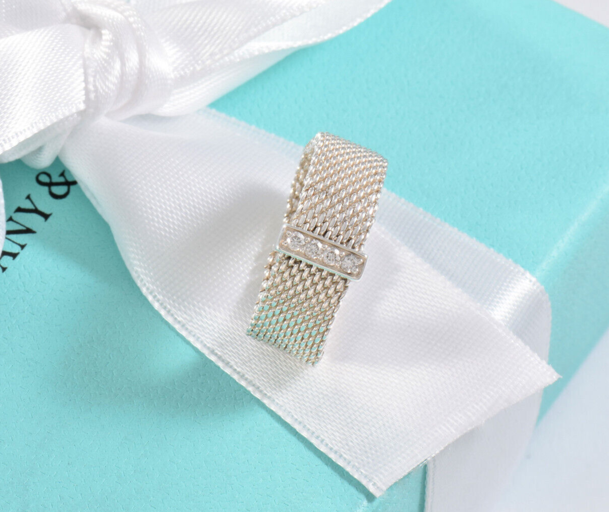 Tiffany & Co Silver 4 Diamond Somerset Wide Firm Mesh Ring Size 5.5 in Pouch