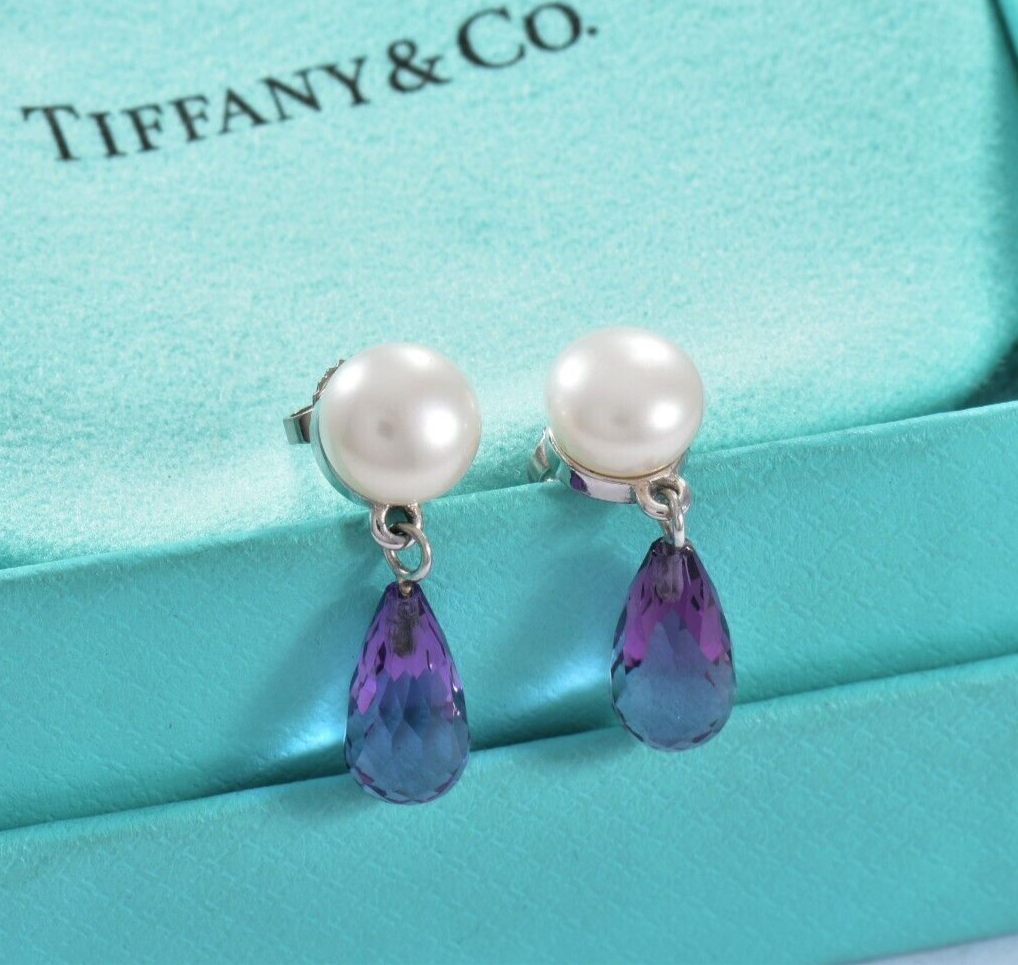 Tiffany & Co Amethyst 18K White Gold Pearl Drop Earrings Box Pouch Rare Dangling