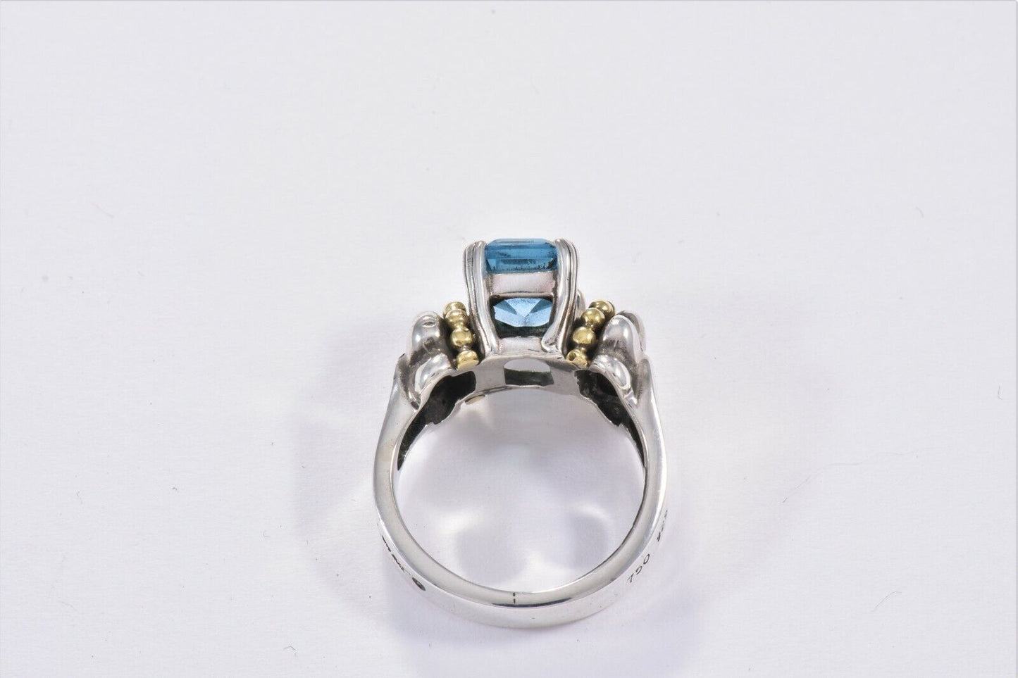 Vintage Lagos Blue Topaz Glacier Caviar Sterling Silver 18k Yellow Gold Ring