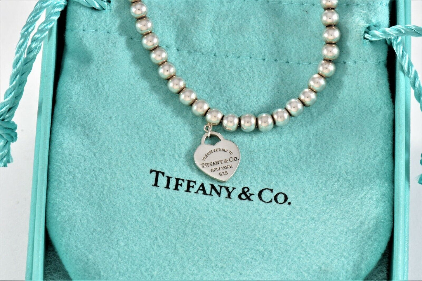 Please Return Tiffany & Co Silver Blue Enamel Heart Charm Bracelet 6.75" & Pouch