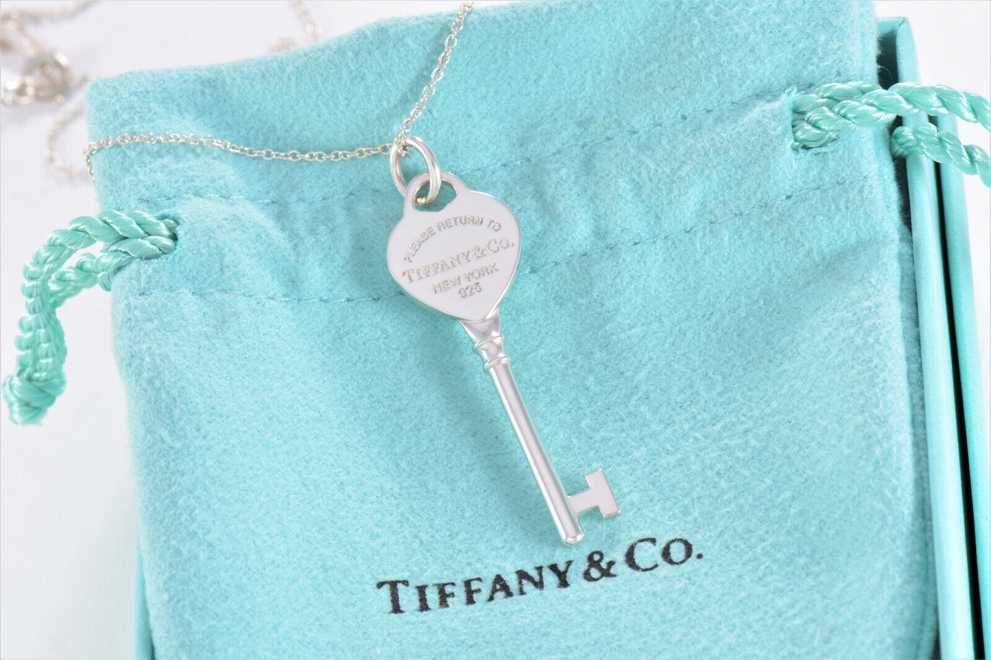 Please Return To Tiffany & Co Sterling Silver Heart Key 19.25" Necklace in Pouch