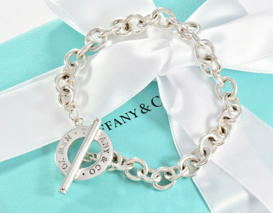 Tiffany & Co Sterling Silver Toggle Chain 7.5" Bracelet New Version in Pouch