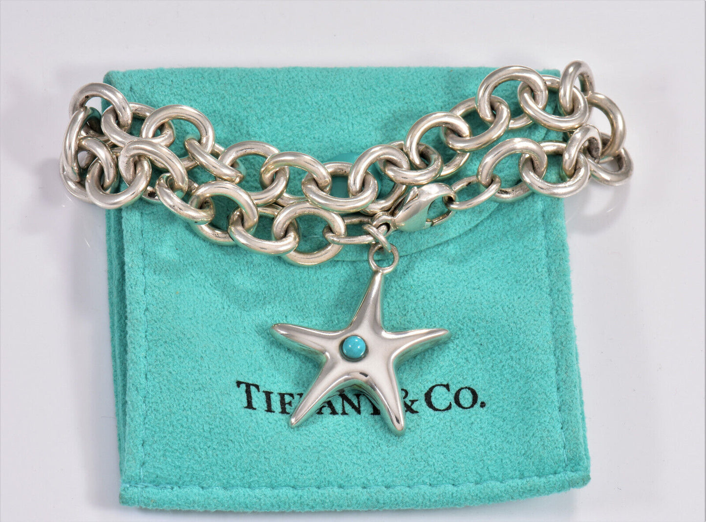 Tiffany & Co Sterling Silver Turquoise Starfish Charm 8" Chain Bracelet Pouch XL