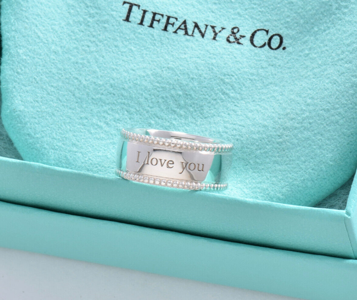 Tiffany & Co Sterling Silver I Love You Bead Edge Ring Size 7 in Pouch Yours