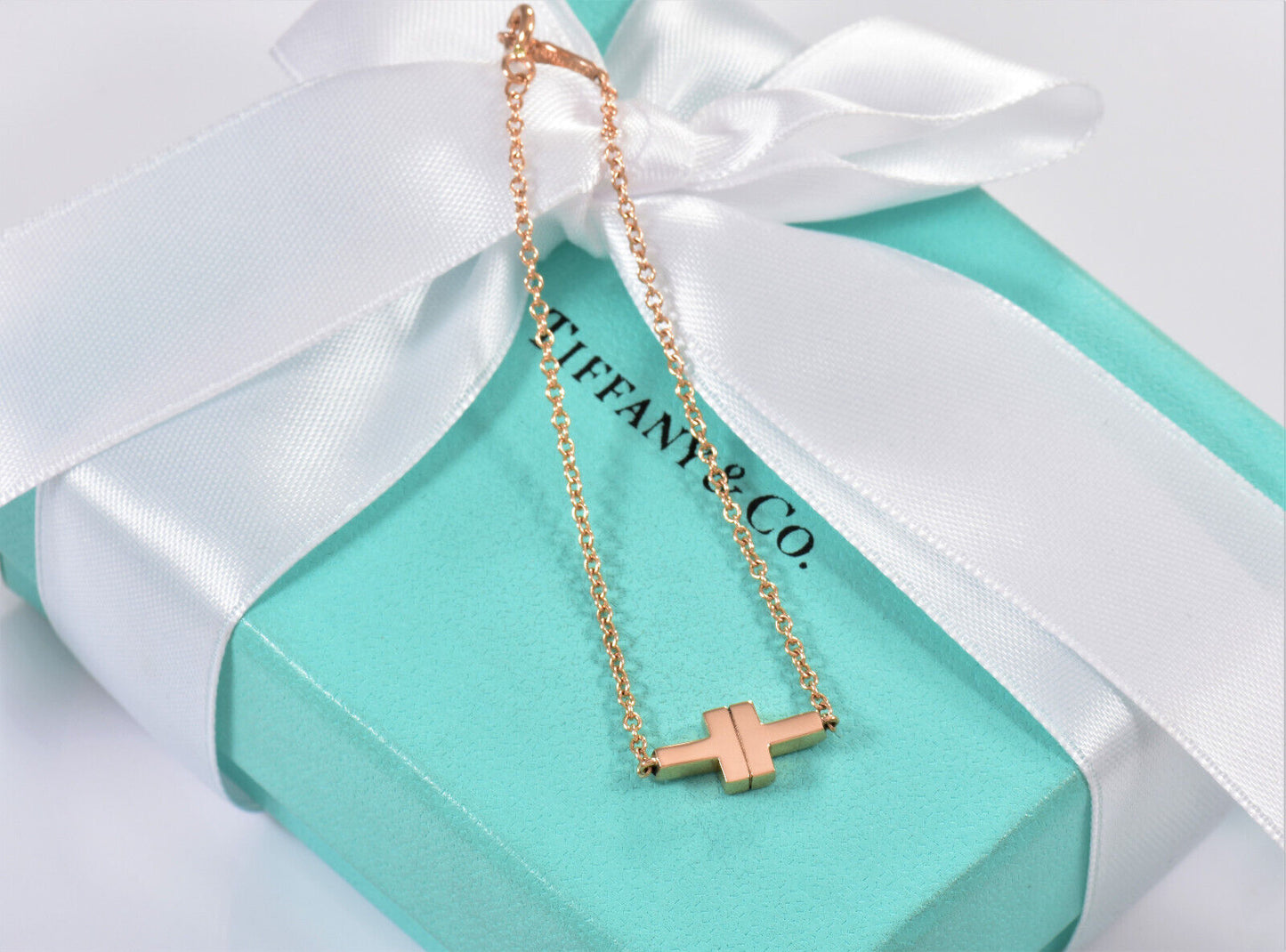 Tiffany & Co 18K Rose Gold T Square Single Chain 6.5" Bracelet in Box Rare Love