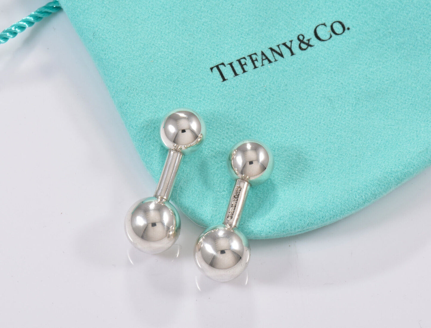 Tiffany & Co Silver Bar Bell Ball Cufflinks in Pouch for Men Suit Pilot Tuxedo