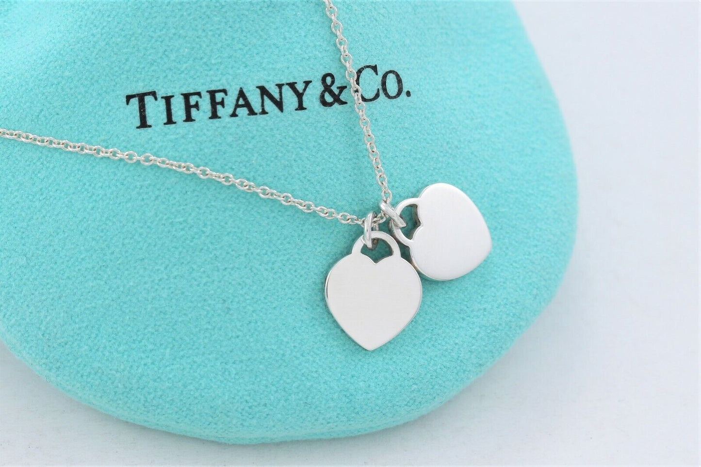 Please Return To Tiffany & Co Silver Mini Double Heart Blue Enamel 16" Necklace