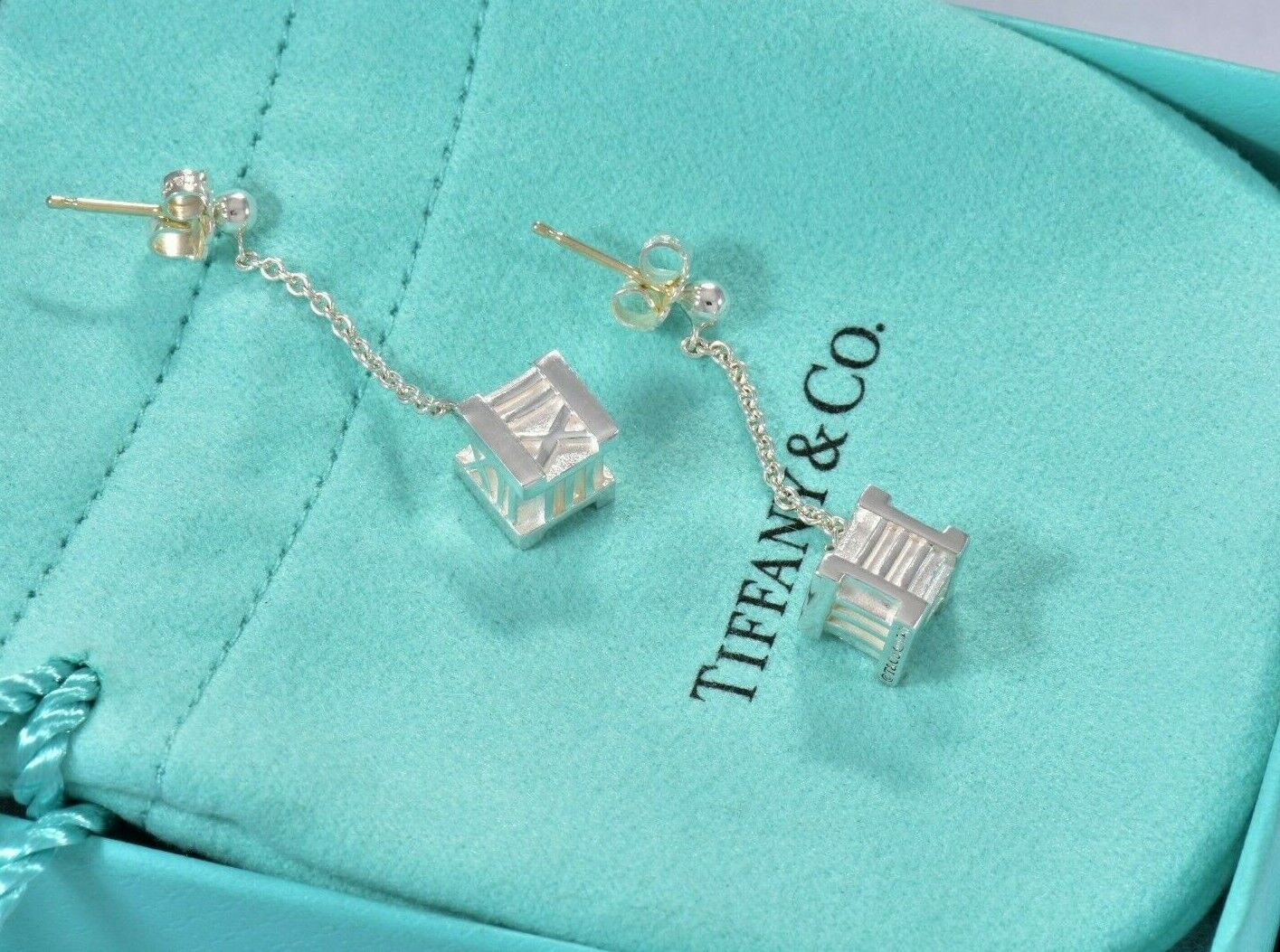 Tiffany & Co Sterling Silver Atlas Square Cube Dangling Earrings and Pouch Rare