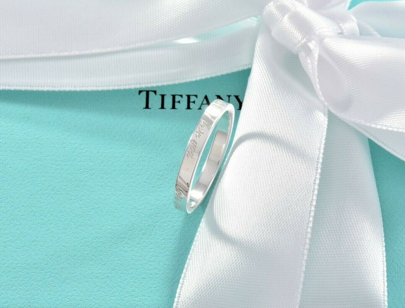 Tiffany & Co Silver I Love You Notes Narrow Band Ring Size 5 in Box Pouch Ribbon