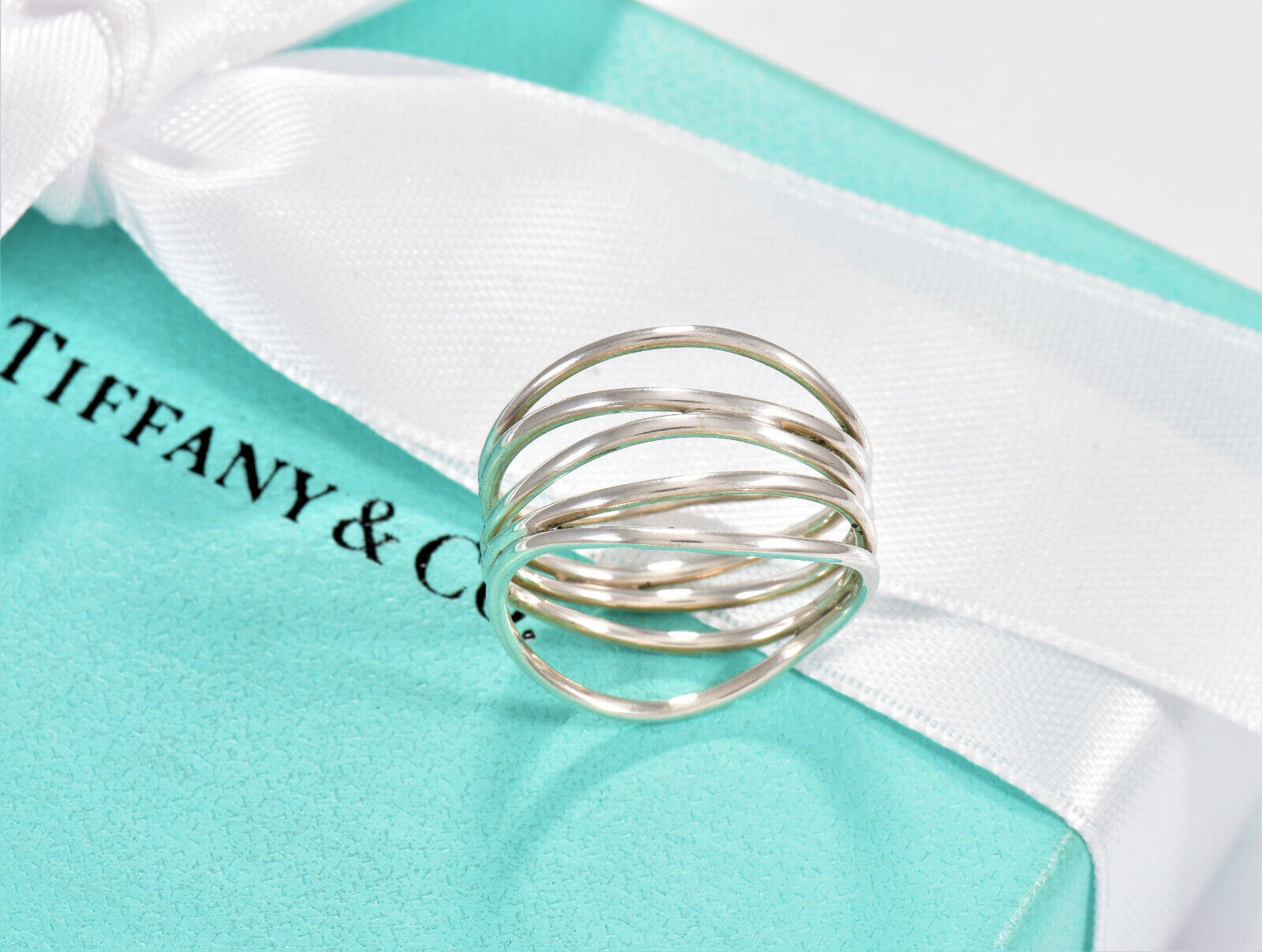 Tiffany & Co Silver Elsa Peretti Five Row Wide Ring Size 6.5 in Box Pouch Lovely