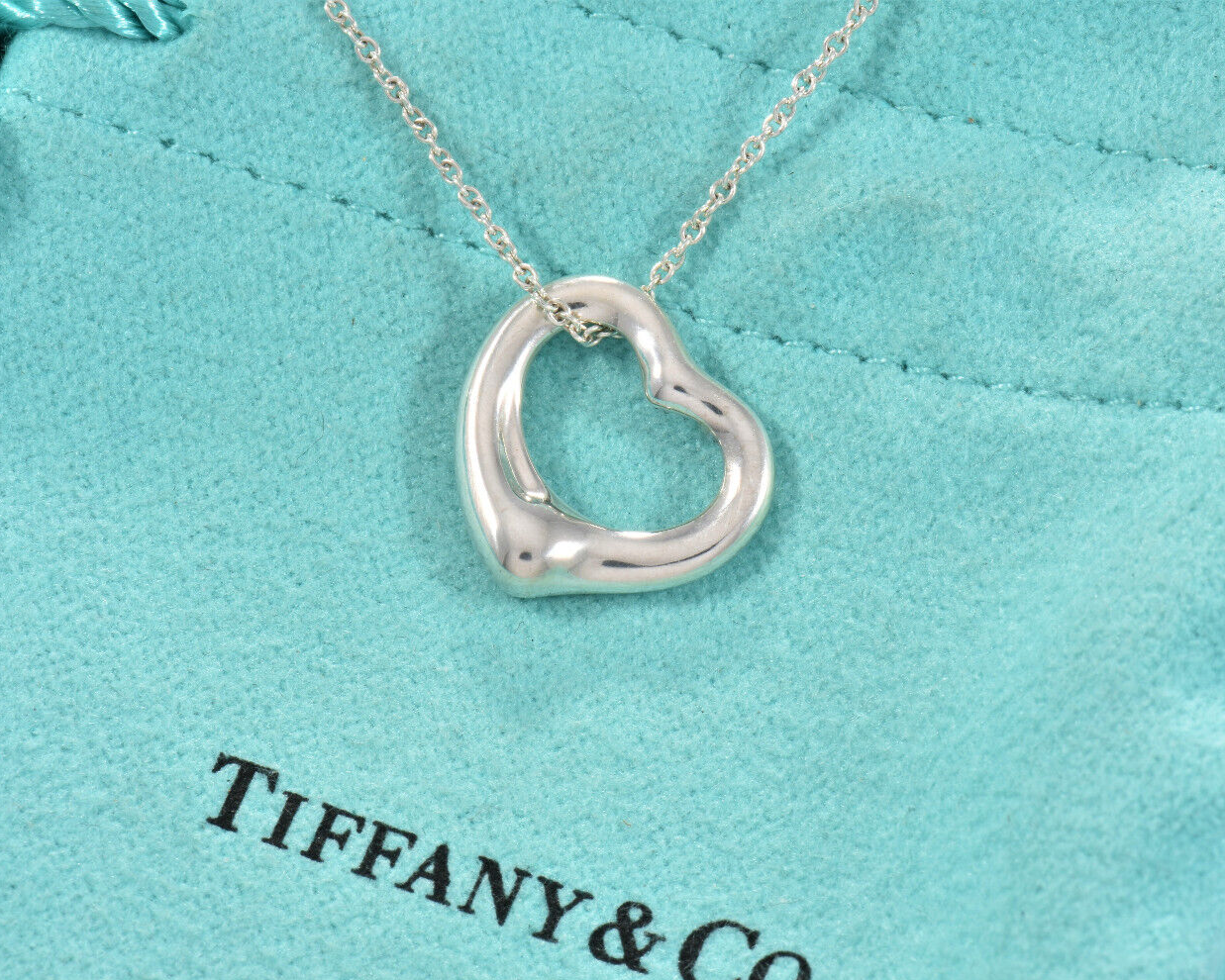 Tiffany & Co Silver Elsa Peretti 16mm Open Heart 16.25" Chain Necklace in Pouch