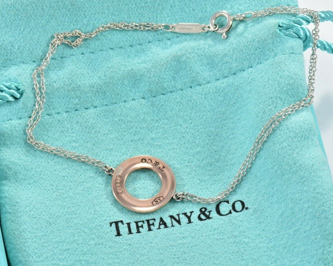 Tiffany & Co Rubedo Gold Metal 1837 Circle Disk Silver Double Chain Bracelet