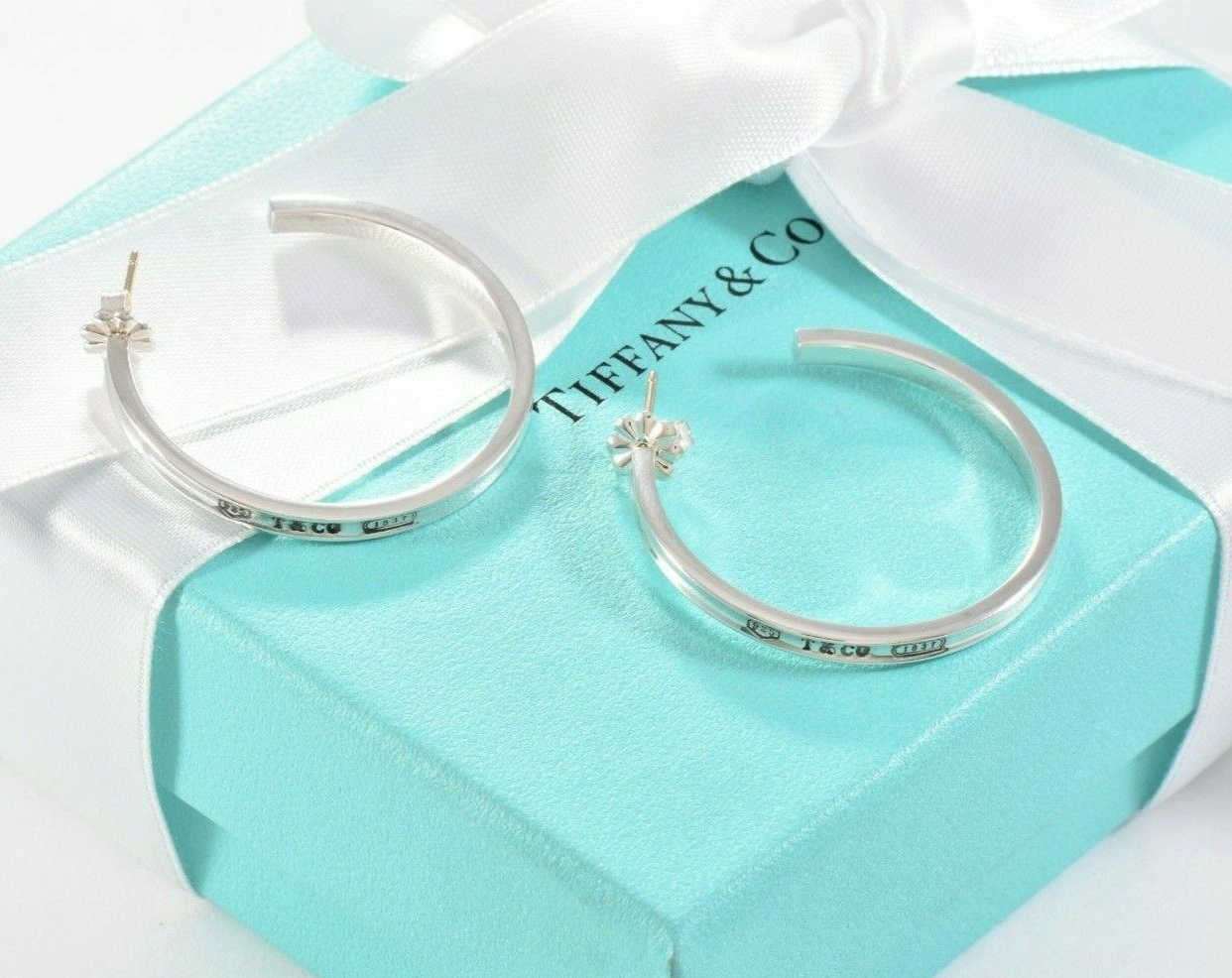 Tiffany & Co Sterling Silver 1837 34mm Large Narrow Hoop Earrings Boxed 3mm Rare